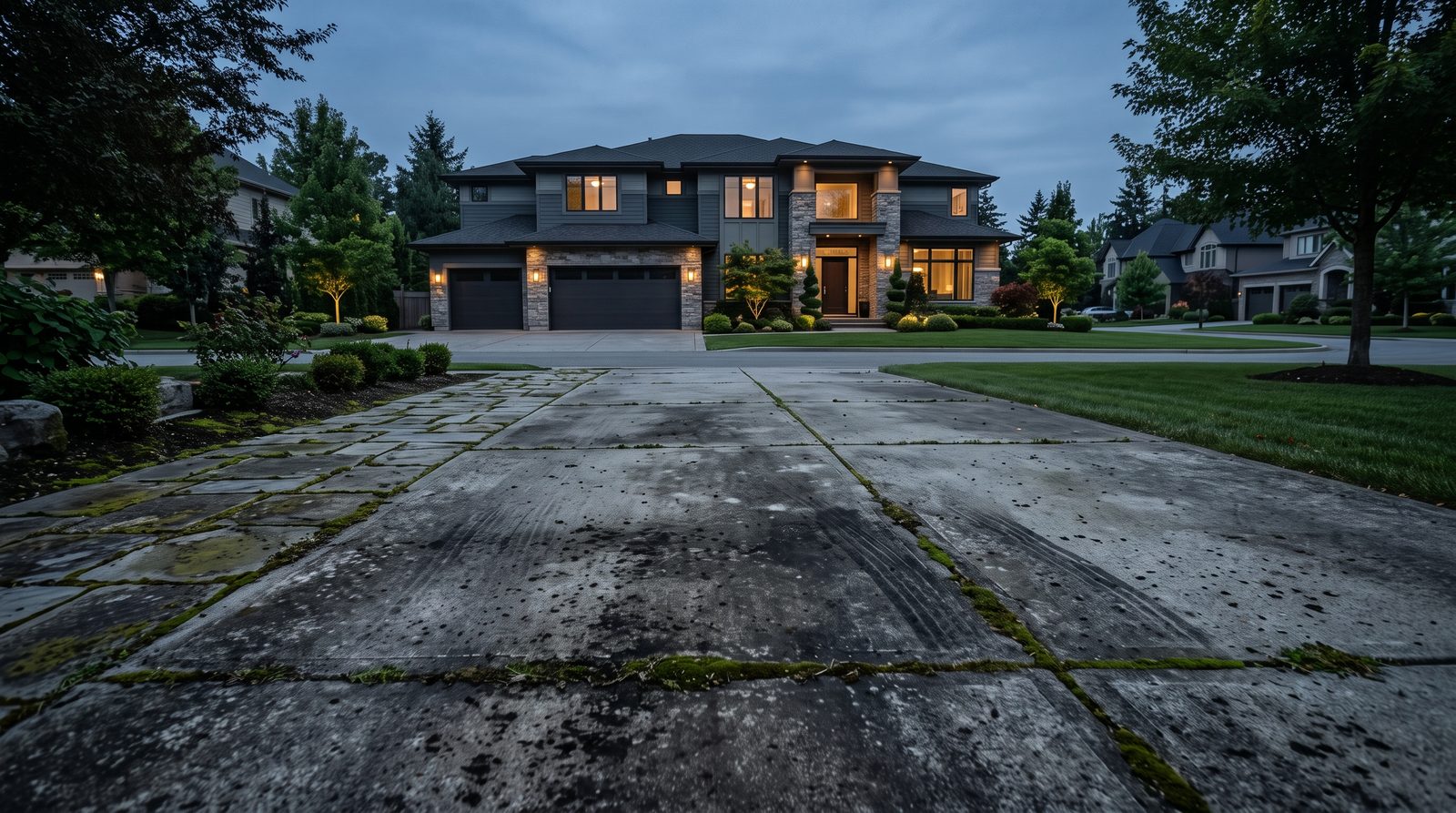 Grimy driveway before pressure washing